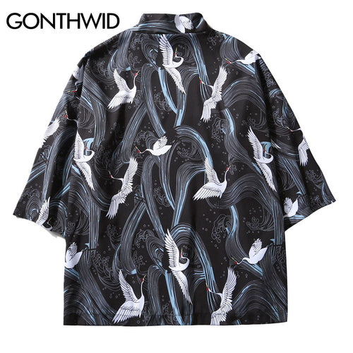 GONTHWID Japanese Crane Printed Kimono Cardigan Shirt