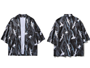 GONTHWID Japanese Crane Printed Kimono Cardigan Shirt