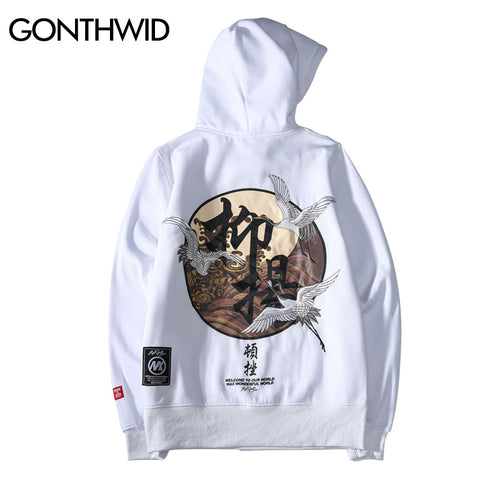 GONTHWID Embroidery Japanese Cranes Pullover Hoodies