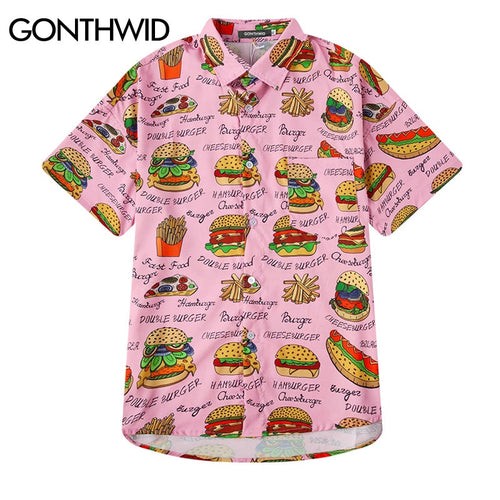 GONTHWID French Fries Hamburger Chips Print Hawaiian Aloha Beach Shirts