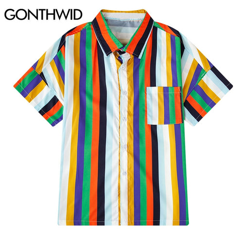 GONTHWID Rainbow Vertical Striped Short Sleeve Aloha Beach Shirt