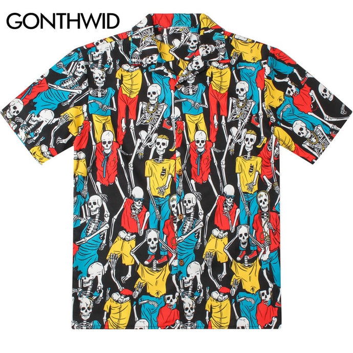 GONTHWID Hip Hop Skull Print Hawaiian Beach Shirts